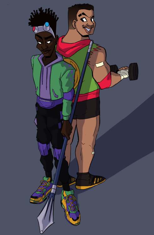 dystrack:[Image Description: a digital drawing of humanised versions of Donatello and Raphael from R