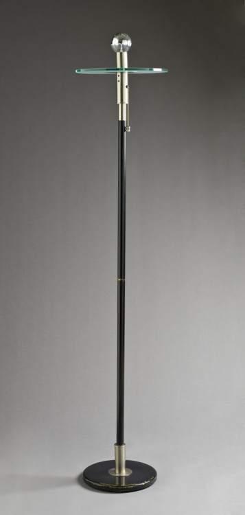 Gyula Pap, Floor lamp, 1923. Nickel-plated metal, glass, and black-lacquered iron. Part of the first