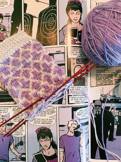 rebeccajoyw:Spending my nerd life working on purple Hawkeye socks.…because, arrows.