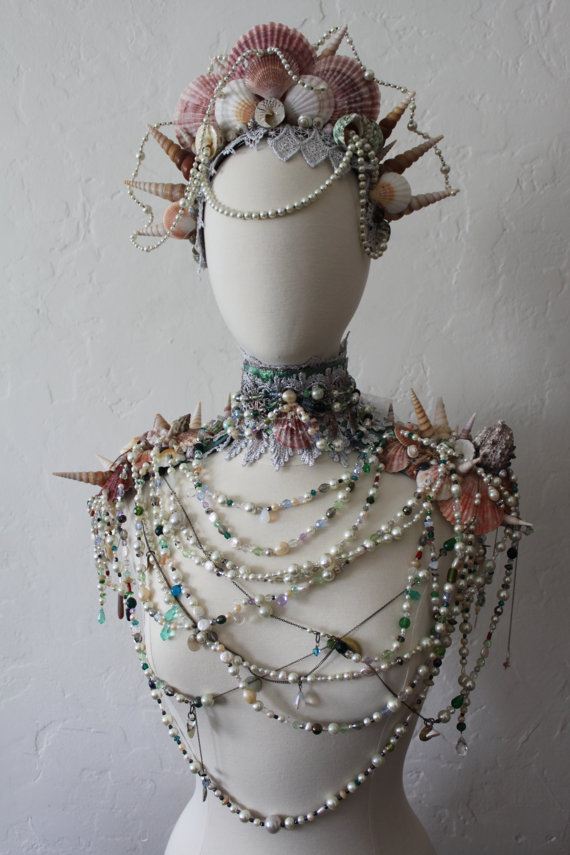 merpunkfashion:Siren’s Treasure - OOAK Vintage Shell, Pearl, Lace, Crystal, Sea