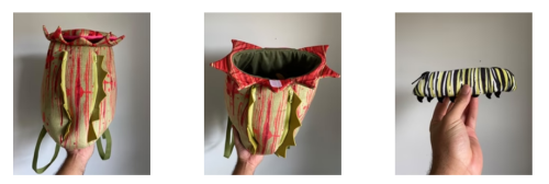 screenshot from sales website showing three views of a small backpack in the shape of a pitcher plant. Green, a bit fuzzy with...could that be blood dripping from the top?
also a caterpillar pencil bag. looks like a huge caterpillar, but is zippered.