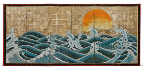 A Japanese Gilt and Polychrome-Decorated Six Fold Screen, Meiji Period