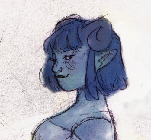 necromancer-mango:[image description: A bust drawing of Jester Lavorre, a light blue tiefling with s