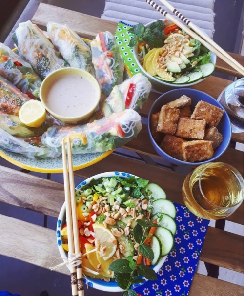 What i made for my boyfriends birthdaysummer rolls with a coconut peanut sauce, a rice noodle salad 