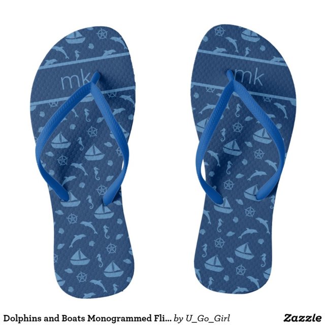 Dolphins and Boats Monogrammed Flip Flops - Creative, Thong-Style Hawaiian Beach Sandal DesignsBuy This Design Here: Dolphins and Boats Monogrammed Flip Flops

See All Creations by Fashion Designer: U_Go_Girl

When the beach, lake, swimming pool or backyard is calling, these awesome Hawaiian style flips flops are a fashionable answer!
Live, work and play with your feet enjoying maximum freedom and ventilation. Life really is a tropical beach in these sandals.

Product Information for Dolphins and Boats Monogrammed Flip Flops:
- Thong style, easy slip-on design
- Choose between 2 different footbeds and 4 different strap colors
- Similar to Havaianas®
- 100% rubber makes sandals both heavyweight and durable
- Cushioned footbed with textured rice pattern provides all day comfort
- Made in Brazil and printed in the USA #sandals#shoes#footwear#fashion#sand#style#beach#beachgirl#ootd#summer#flip flops#casual