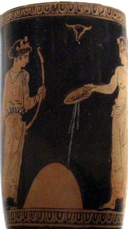 Omphalos libation by Apollo with Artemis