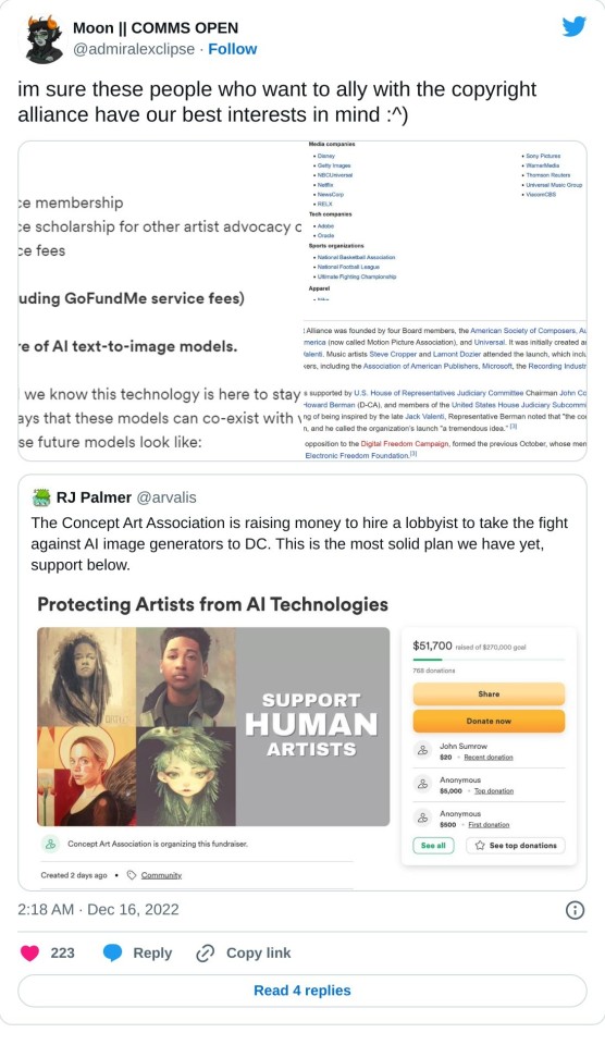 im sure these people who want to ally with the copyright alliance have our best interests in mind :^) https://t.co/f6PBjIJA1a pic.twitter.com/BziEqkdYab

— Moon || COMMS OPEN (@admiralexclipse) December 16, 2022