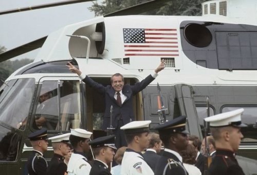 collectivehistory:  Today in History: Aug 8, 1974, Nixon Resigns On 8 August 1974, US President Richard Nixon broadcast his intention to resign in a televised address to the US nation. With impeachment proceedings underway against him for his involvement