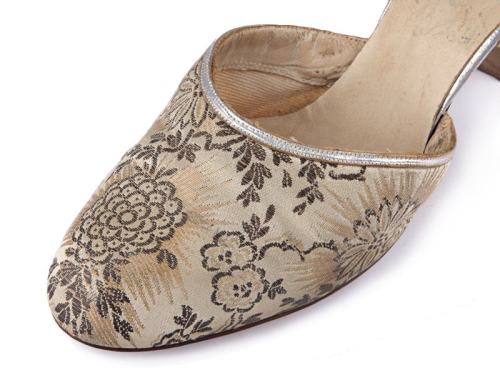 D'Orsay shoes with beige colour damask upper with floral pattern and silver and leather appliqué on 