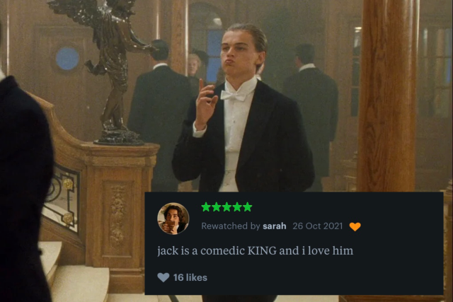 id: photo of jack dawson from 1997 titanic. he is dressed in a tuxedo and mimicking the way the rich men greet each other. a letterboxd review covers the bottom part of the image. it reads: jack is a comedic KING and i love him. end id]
