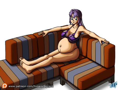 On the Couch Pregnancy SequenceA busty girl in purple lingerie, with purple hair, sitting on a secti