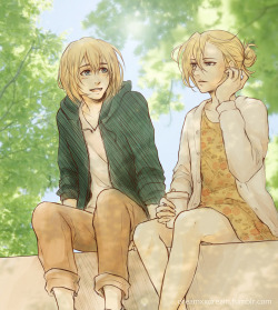 dreamxxdream:  So I listened to this and was hit by aruani feels out of nowhere I’m still unsure how to fit the titan trio in my reincarnation AU but I like to think Armin would be the first one to reach out to Annie if they met again. They’re a cute