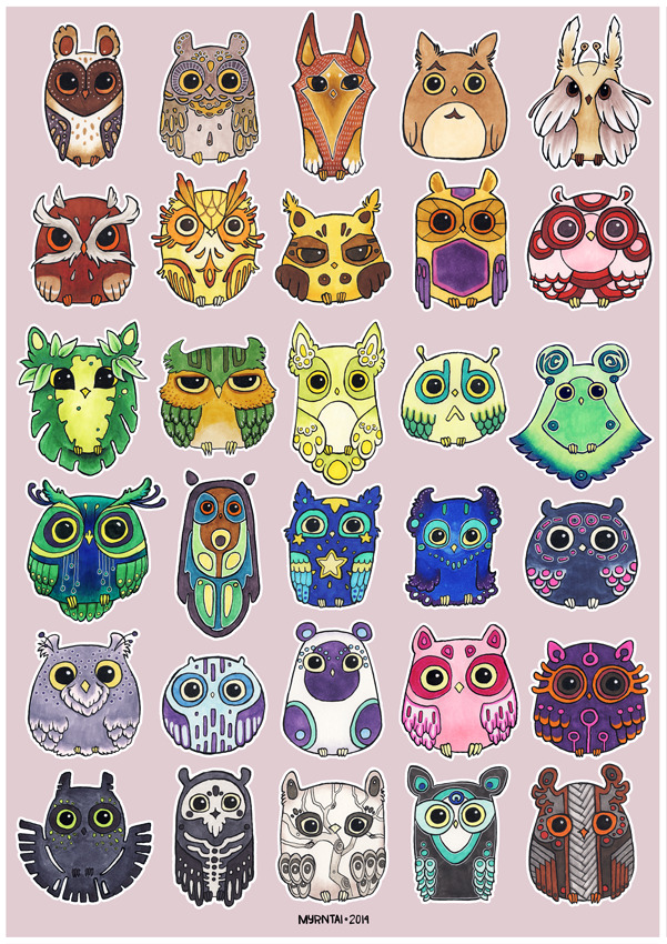 myrntai:  Flock of Owls III + IV Ink, Copics and white gel pen. 