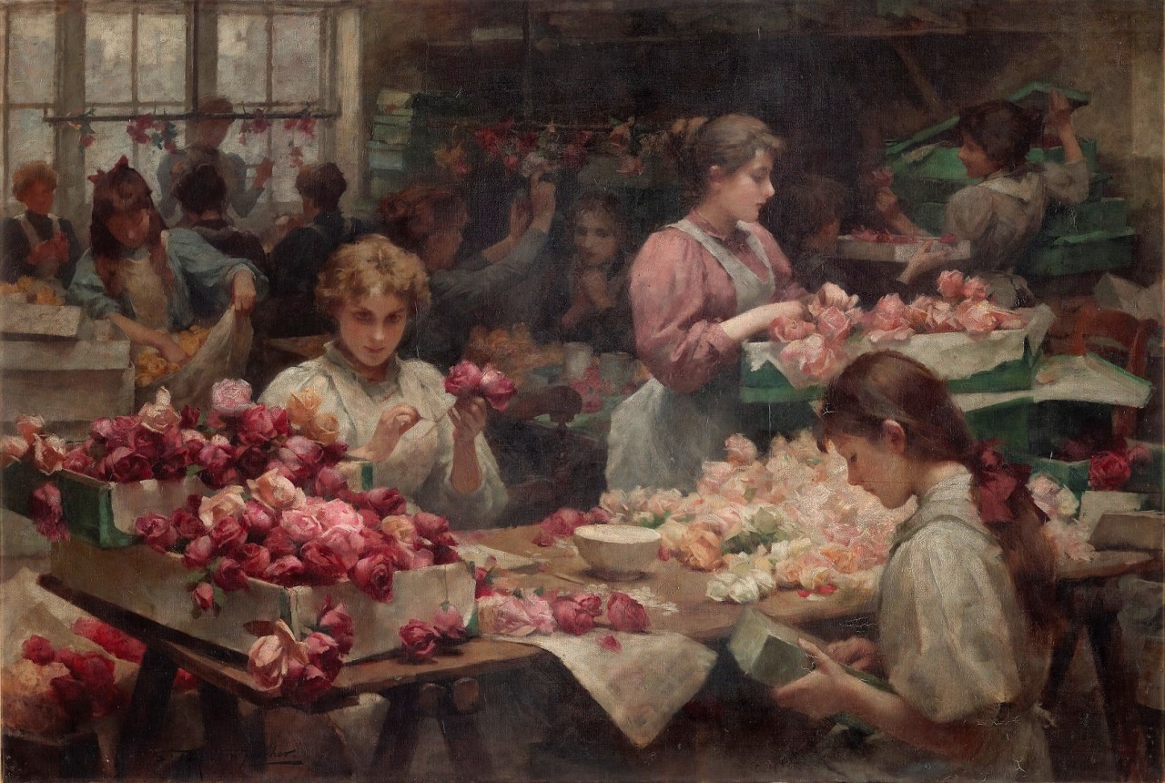 oldpaintings:The Clerkenwell flower makers, 1896 by Samuel Melton Fisher  (English,