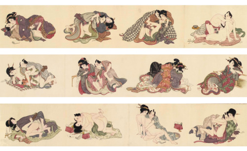 blondebrainpower:Scroll depicting a couple making love in various positions, by Keisai Eisen. Japan, Edo period, early 1800′s