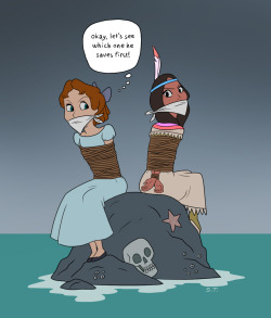 awesomeabduction:  sittightbondage:  My first art commission from some nice person over at DeviantArt! No matter what the situation Wendy and Tiger Lily keep their grudges with each other, even when the pirates have them bound and gagged on a rock during