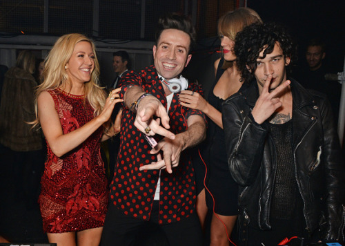 swift-network:Ellie Goulding, Taylor Swift, Nick Grimshaw and Matty Healy attend the Universal Music Brits after party