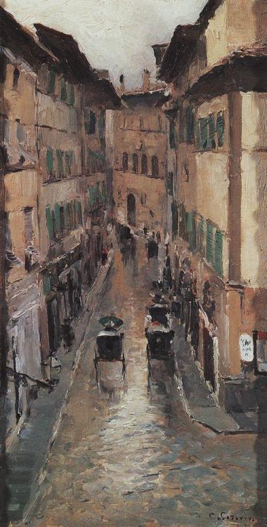 konstantin-korovin: A Florence Street in the Rain, 1888, Konstantin KorovinMedium: oil,canvas