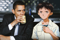 shinjibae:  Shinji and obama drinking coffee