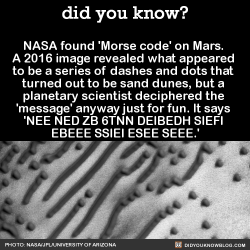 did-you-kno:  NASA found ‘Morse code’ on Mars.  A 2016 image revealed what appeared  to be a series of dashes and dots that  turned out to be sand dunes, but a  planetary scientist deciphered the  &lsquo;message’ anyway just for fun. It says  'NEE