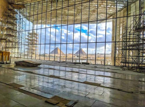 egypt-ancient-and-modern: View of the Pyramids of Giza from inside of the Grand Egyptian Museum