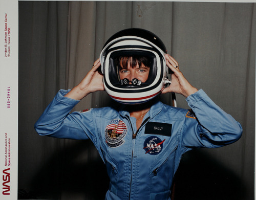 Sally Ride with an early Space Shuttle helmet.Source: SDASM Archives