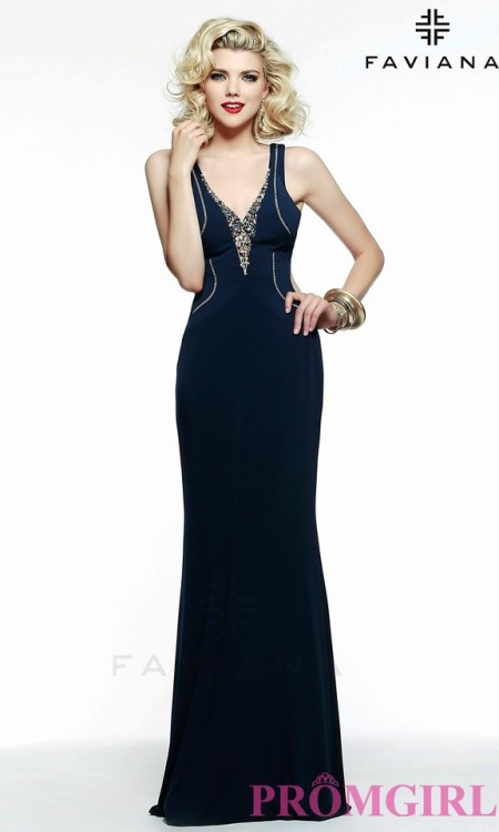 Long V-Neck Jersey Gown by Faviana