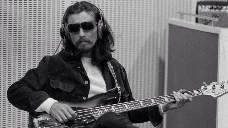 worshipinginthechurchofgeorge:  Playing bass George Harrison recording Abbey Road,