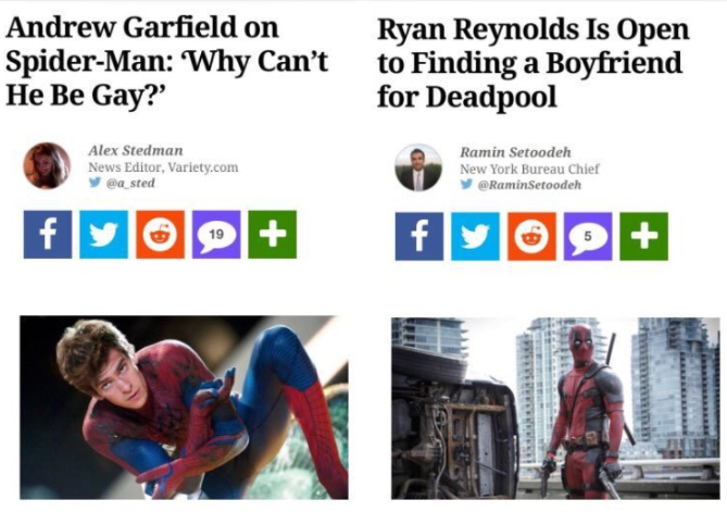 refinery29:  Hollywood’s hottest couple is Spideypool but you’d only know it