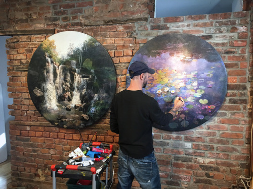 Stev’nn Hall painting in his studio.  Canada, 2017 / photography-based mixed media w