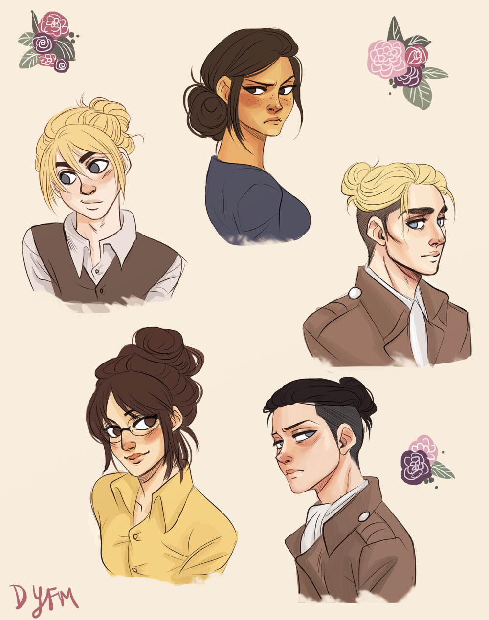 drinkyourfuckingmilk:  doodled my shingeki faves with majestic hair buns (~￣▽￣)~