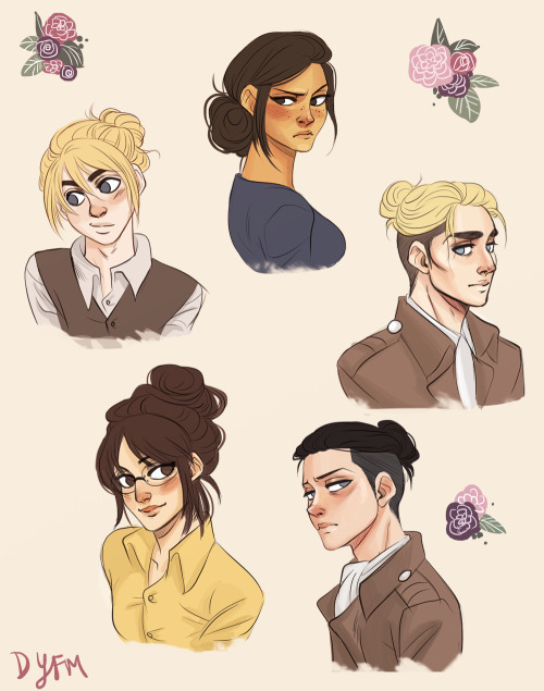 drinkyourfuckingmilk:  doodled my shingeki faves with majestic hair buns (~￣▽￣)~