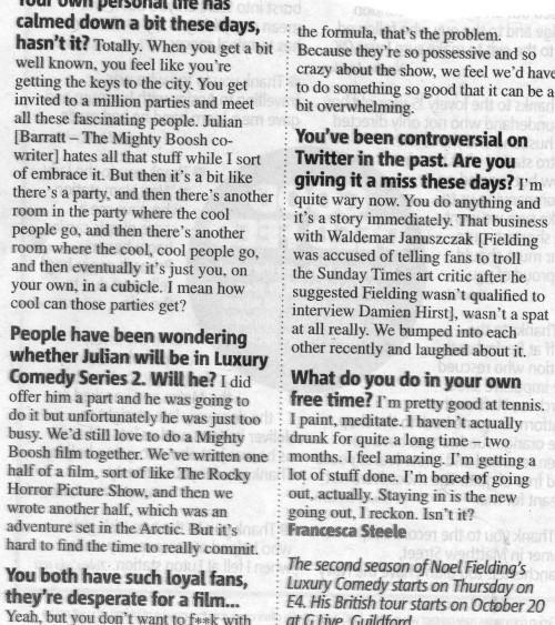 acelucky: Metro 60 second interview with Noel Fielding - Tuesday 29th July 2014  Sorry about the ru