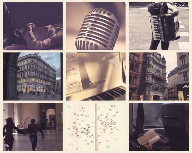 a nine picture mood board. a man with a book on jis chest, a old fashioned microphone, an accordian, buildong, white pianon, building, couple running through mussem, a page filled with yes and mo, a person reading on a train
