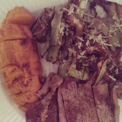 Not the prettiest plate, but I know it’ll taste amazing: Steak, Sauteed Artichokes, and Sweet Potato