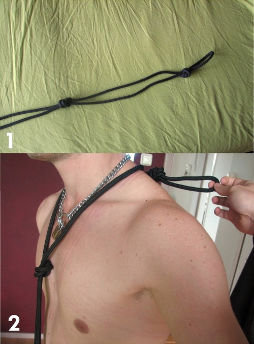 g-spot-licker:  scoutpupp:  gayboykink:  the-kinky-bf:  Rope tutorial #1:For this harness, use a rope that is +/- 12-15 meters. 1. Find the middle of the rope and tie two knots from there on: get a small loop at the end and the space between the two knots