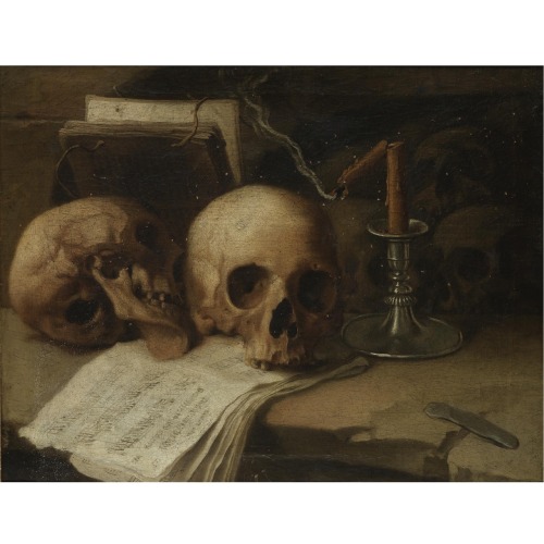A vanitas still life with skulls, an extinguished candle and musical scores on a stone ledge.Oil on 