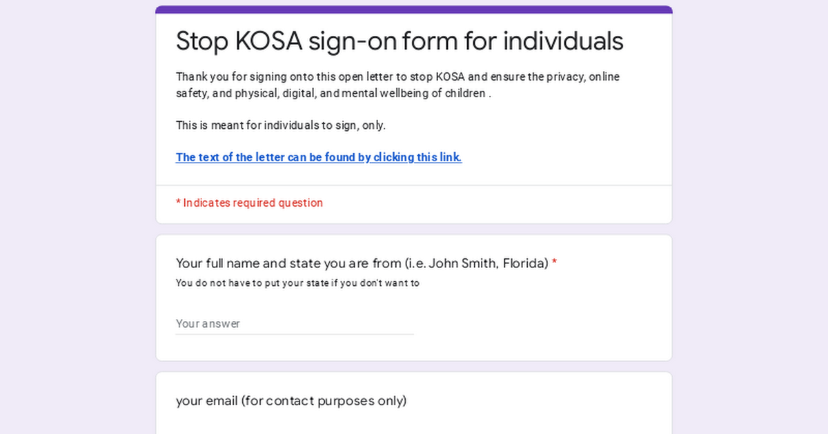 Stop KOSA sign-on form for individuals