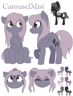 littlemisscarousel:  Reference Sheet for Carousel Mist.Carousel Mist is a pegasus with a million imaginary friends. She talks with them and plays with them, and as a result, she is considered weird and unlikeable by other foals her age.  She doesn’t