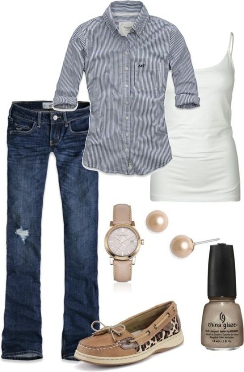 I was inspired by this today. Though, my button-down is darker blue, and instead of the white cami I