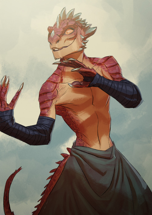 one-aesthetic-blog-to-another: [Image Description: Artwork of a dragonborn monk. They have red scale