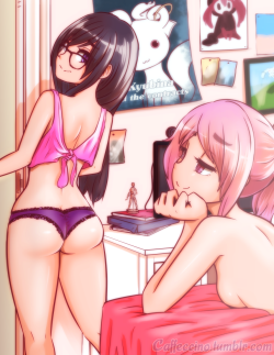 caffeccino:  Hipster AU Madohomu for @castelllaMadoka appreciates Homura’s butt u v u My finest butt * ^ * Yay~  Here you can see the Kyubina and the Contracts poster I posted a little while back in its true purpose! Yay! I actually have a whole little
