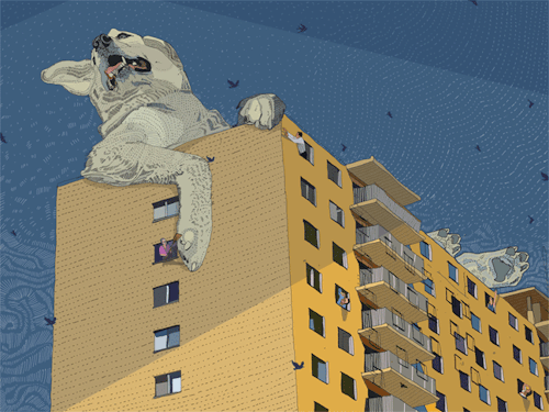 eatsleepdraw:  ‘Rooftop Pup’ 23"x15" illustration by Tony Rodriguez http://www.tonyrodriguezillustration.com