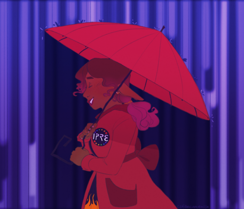 dramatic-audio:coffeecupofmilk:she’s takin a walk in the rain![ID: art of Lup from TAZ Balance