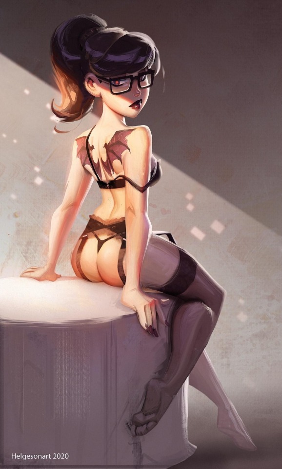 ptilucmartin:Recently spotted: this cartoony pin-up made by Johannes Helgeson. Garters &amp; glasses.