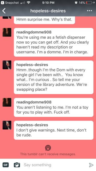 parkers-silver-tongue-deactivat:lady-reia:readingdomme908:Next time, message me with my consent. 😊Kind of sad the asshole stole my right to block him. Oh well. 🤷🏻‍♀️Another asshat to block y'all. Yuck.The clue was in the name. And the bio.