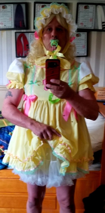 stevediapered: Mommy has had me locked up in my dress and panties and wig all day . She is almost ho