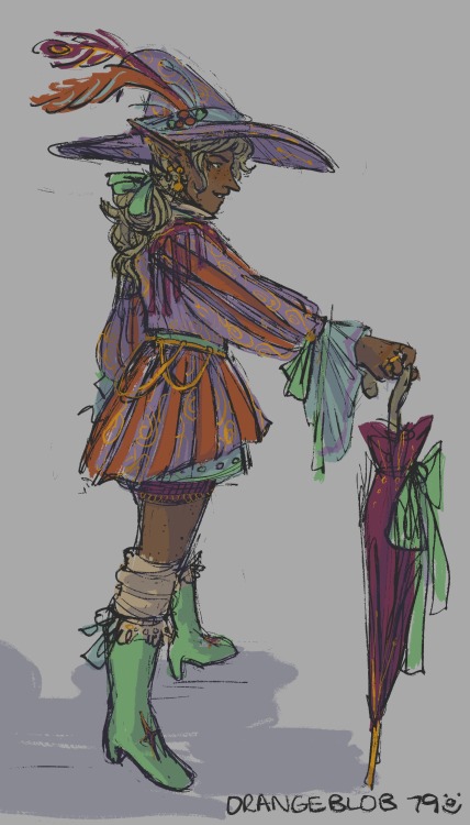 theatricuddles:orangeblob79doodles:My DNA is graded AYou see this face? I was born with it. [ID: Art of Taako, a brown-skinned elven man, holding out the umbrastaff. Taako is wearing a pink and orange striped tunic with poofy sleeves and teal boots. He