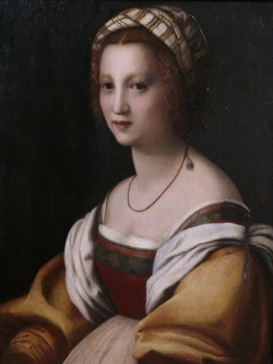 kundst:Andrea del Sarto (It. 1486-1530) Portrait of a Woman (c. 1514) Oil on panel (73 x 56 cm) Prado Madrid Probably this is the painter’s wife; Lucrecia del Fede.