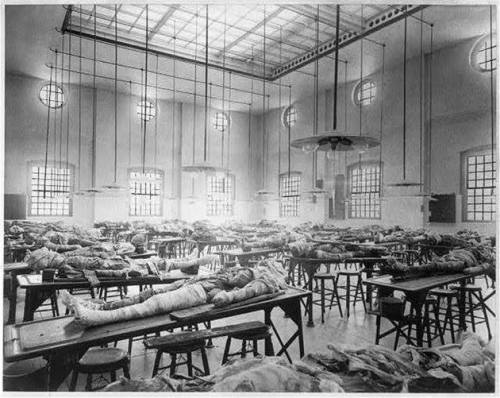 Partially dissected cadavers on tables in the dissecting room at Jefferson Medical College in Philad